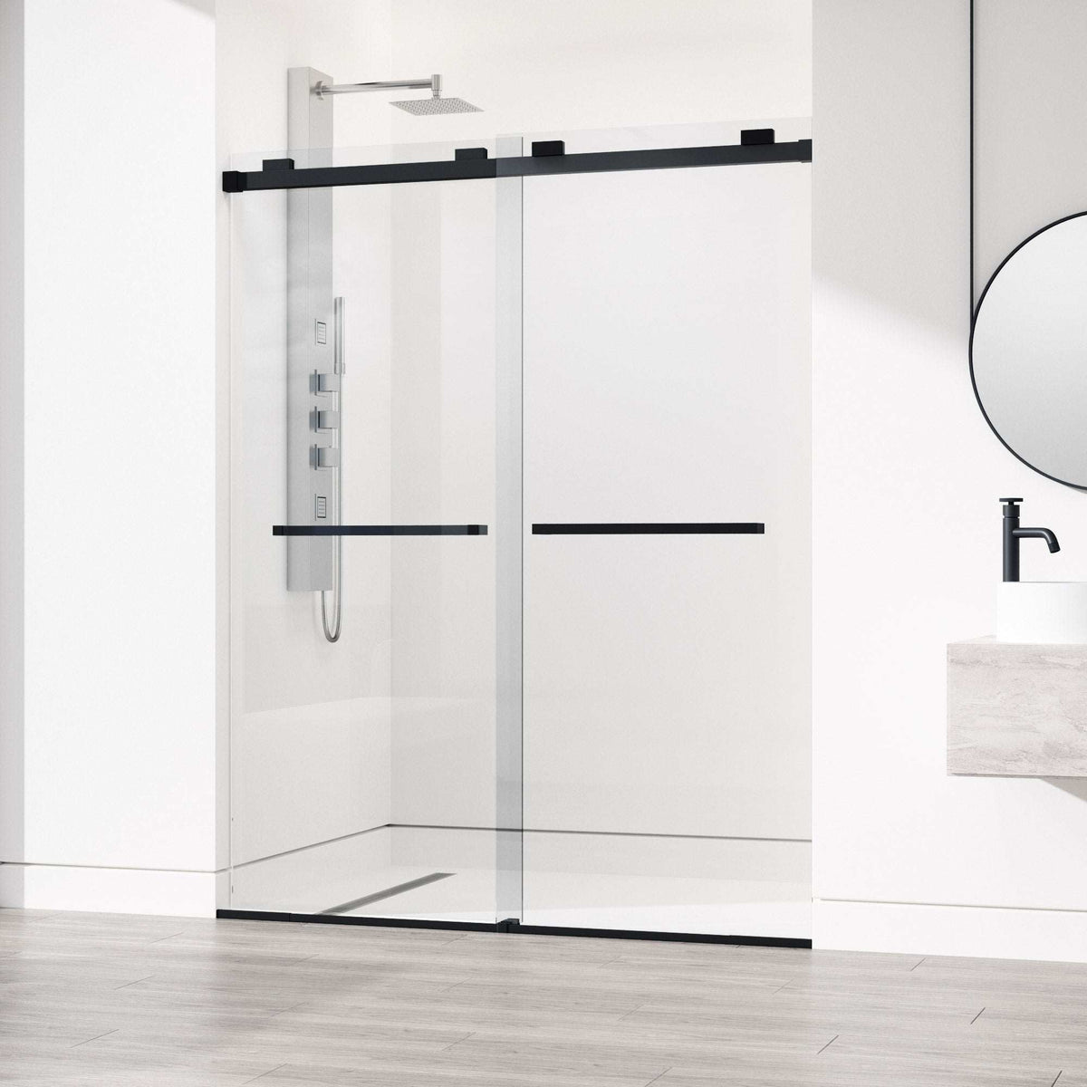 VIGO Houston frameless sliding shower door in matte black, wide installation