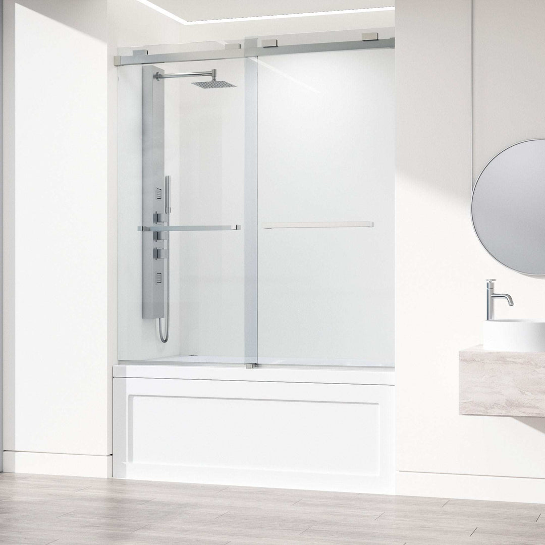 Stainless steel frameless sliding tub door with clear tempered glass, adjustable 56-60 in width