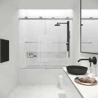 Frameless tub door with stainless steel finish, clear glass, adjustable width, modern contemporary style