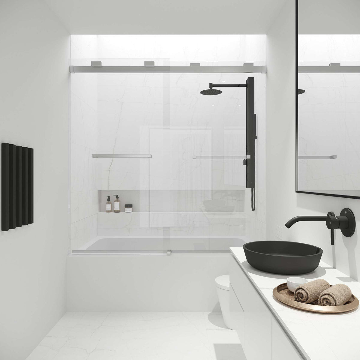 Frameless tub door with stainless steel finish, clear glass, adjustable width, modern contemporary style