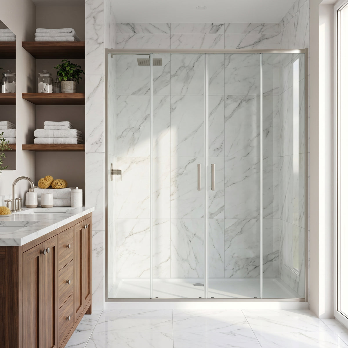 Paloma 56 to 60 in. W x 74 in. H Semi-Frameless Double-Sliding Shower Door and Satro 3-Piece Bath Hardware Set in Brushed Nickel