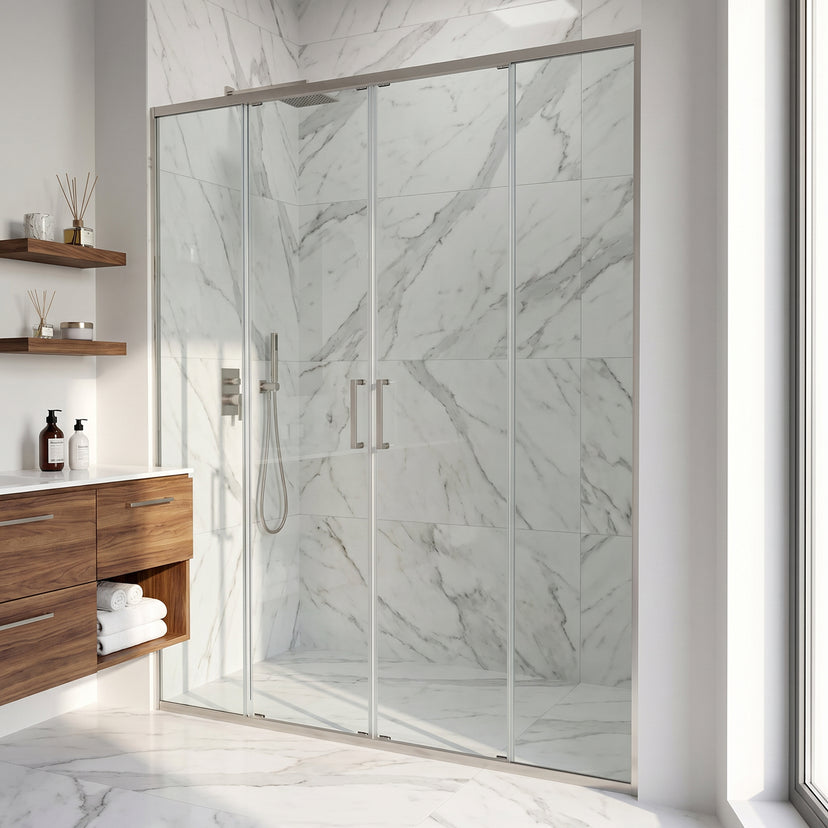 Paloma 56 to 60 in. W x 74 in. H Semi-Frameless Double-Sliding Shower Door and Satro 3-Piece Bath Hardware Set in Brushed Nickel