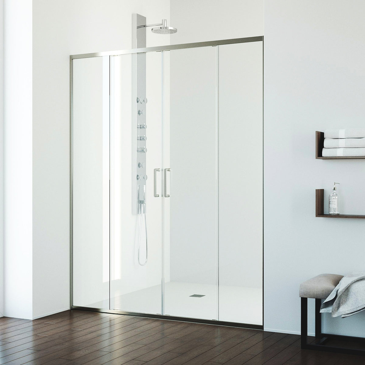 Paloma 56 to 60 in. W x 74 in. H Semi-Frameless Double-Sliding Shower Door and Satro 3-Piece Bath Hardware Set in Brushed Nickel