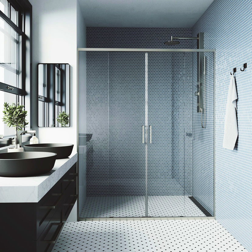 Paloma 56 to 60 in. W x 74 in. H Semi-Frameless Double-Sliding Shower Door and Satro 3-Piece Bath Hardware Set in Brushed Nickel
