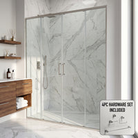 Paloma 56 to 60 in. W x 74 in. H Semi-Frameless Double-Sliding Shower Door and Meridian 4-Piece Bath Hardware Set in Brushed Nickel
