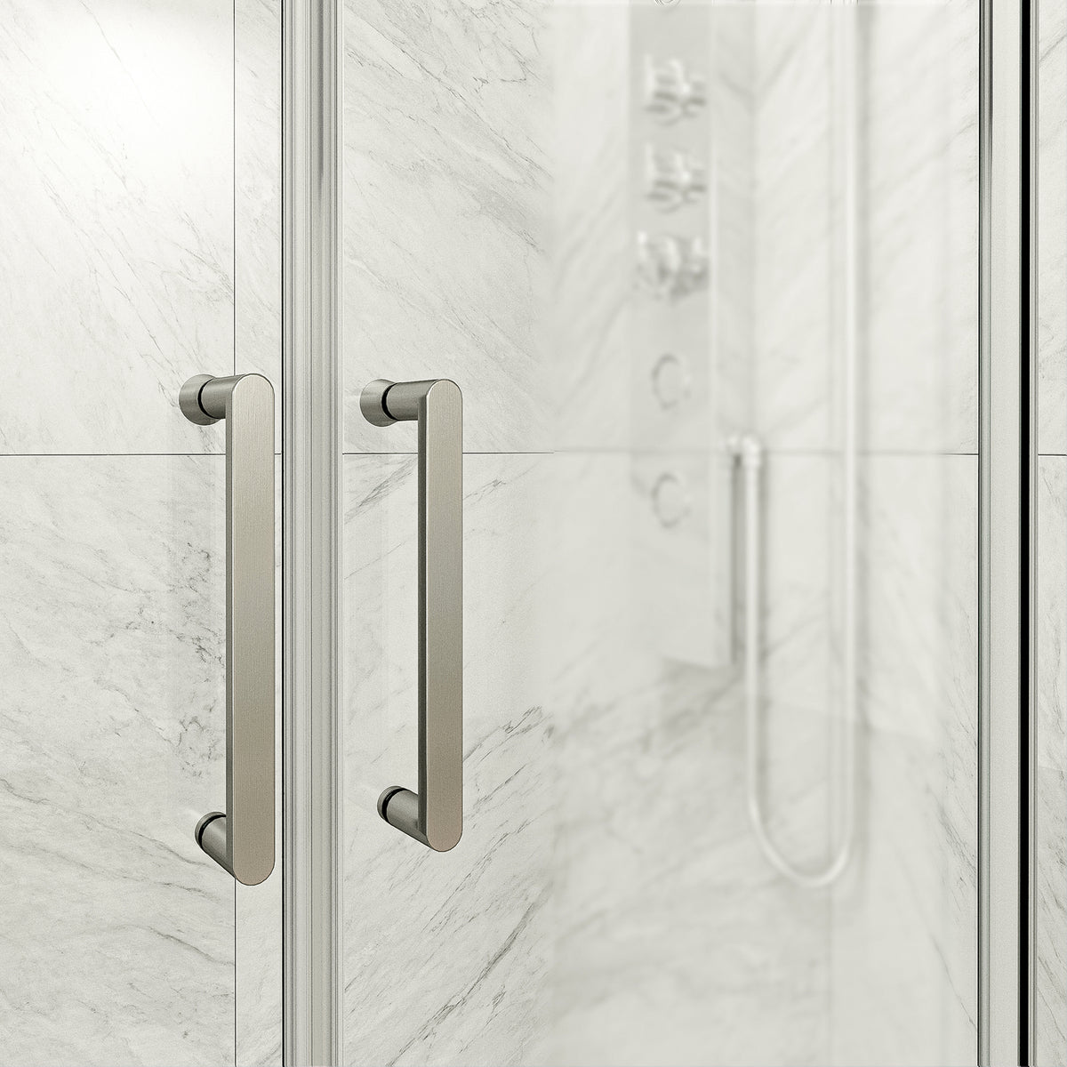 Paloma 56 to 60 in. W x 74 in. H Semi-Frameless Double-Sliding Shower Door and Meridian 4-Piece Bath Hardware Set in Brushed Nickel