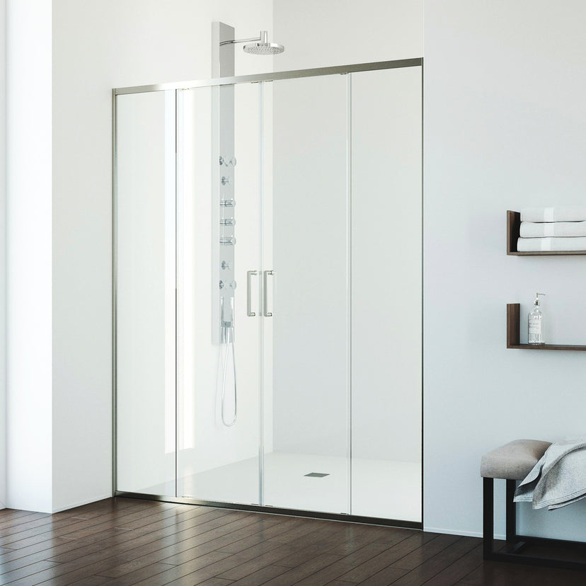 Paloma 56 to 60 in. W x 74 in. H Semi-Frameless Double-Sliding Shower Door and Meridian 4-Piece Bath Hardware Set in Brushed Nickel