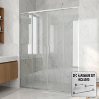 Paloma 56 to 60 in. W x 74 in. H Semi-Frameless Double-Sliding Shower Door and Satro 3-Piece Bath Hardware Set in Chrome