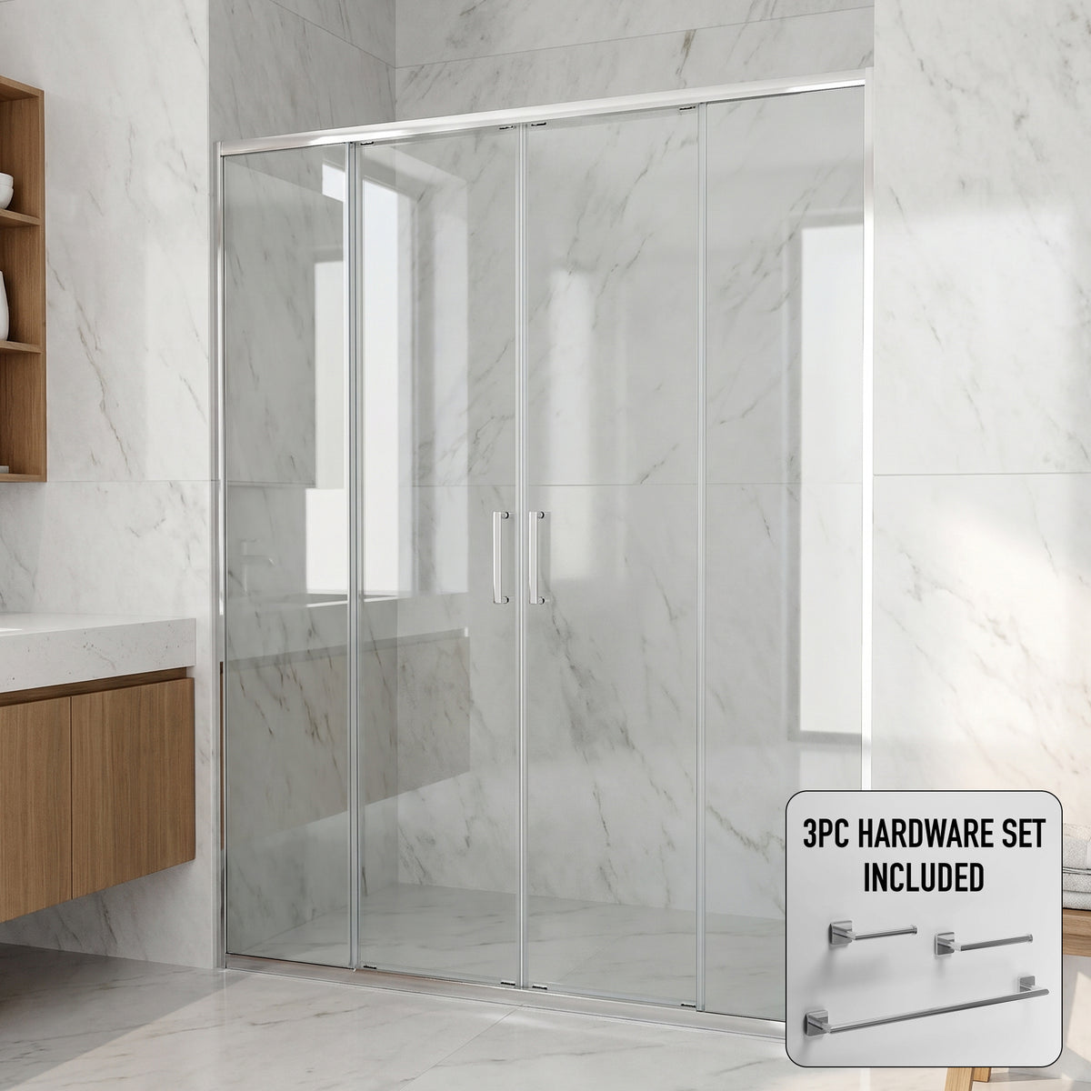 Paloma 56 to 60 in. W x 74 in. H Semi-Frameless Double-Sliding Shower Door and Satro 3-Piece Bath Hardware Set in Chrome