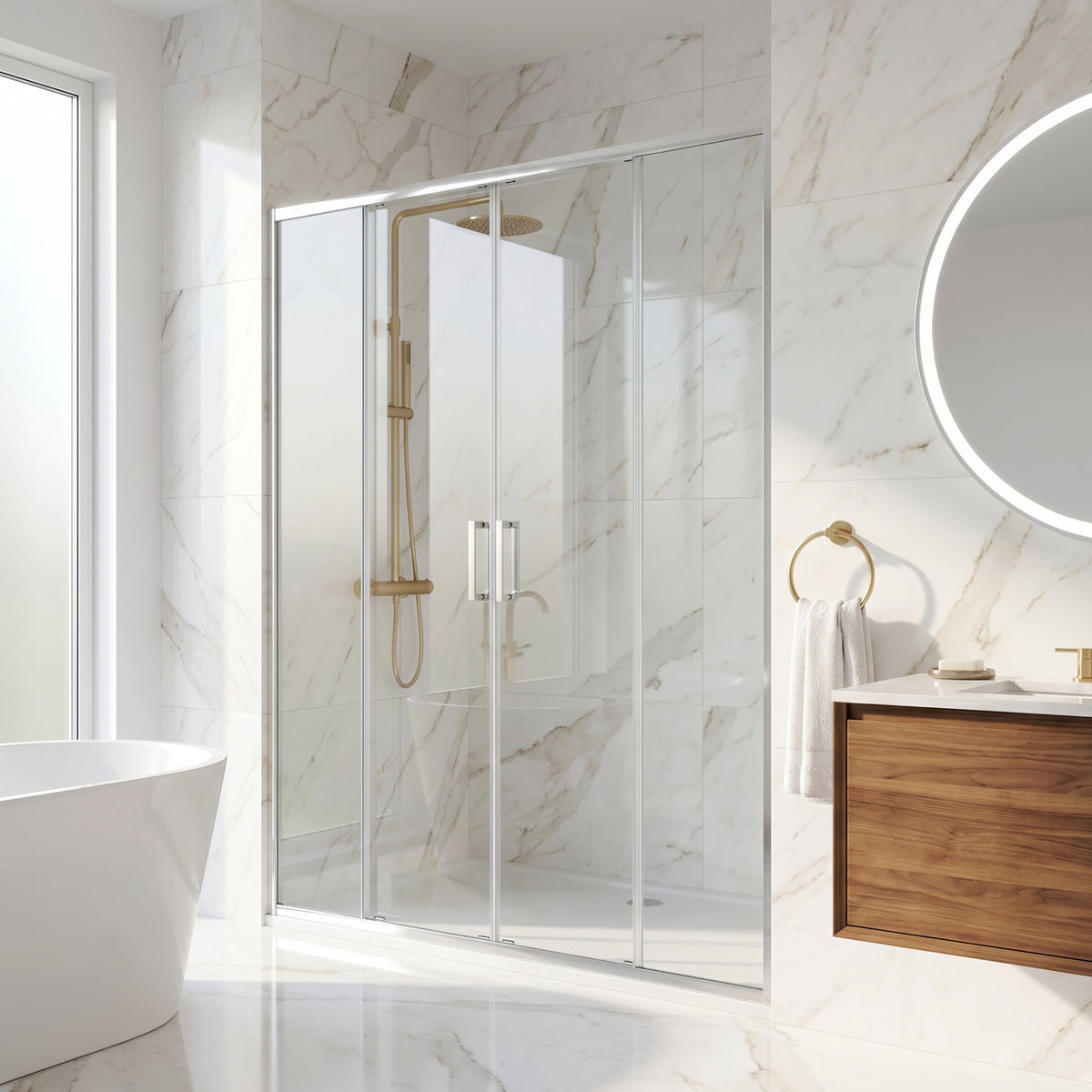 Paloma 56 to 60 in. W x 74 in. H Semi-Frameless Double-Sliding Shower Door and Satro 3-Piece Bath Hardware Set in Chrome