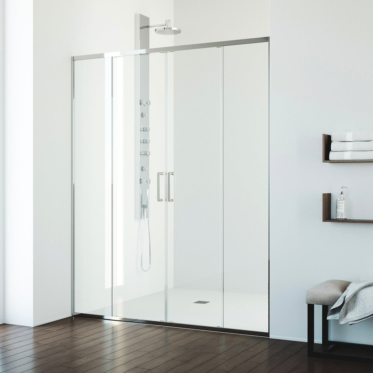 Paloma 56 to 60 in. W x 74 in. H Semi-Frameless Double-Sliding Shower Door and Satro 3-Piece Bath Hardware Set in Chrome