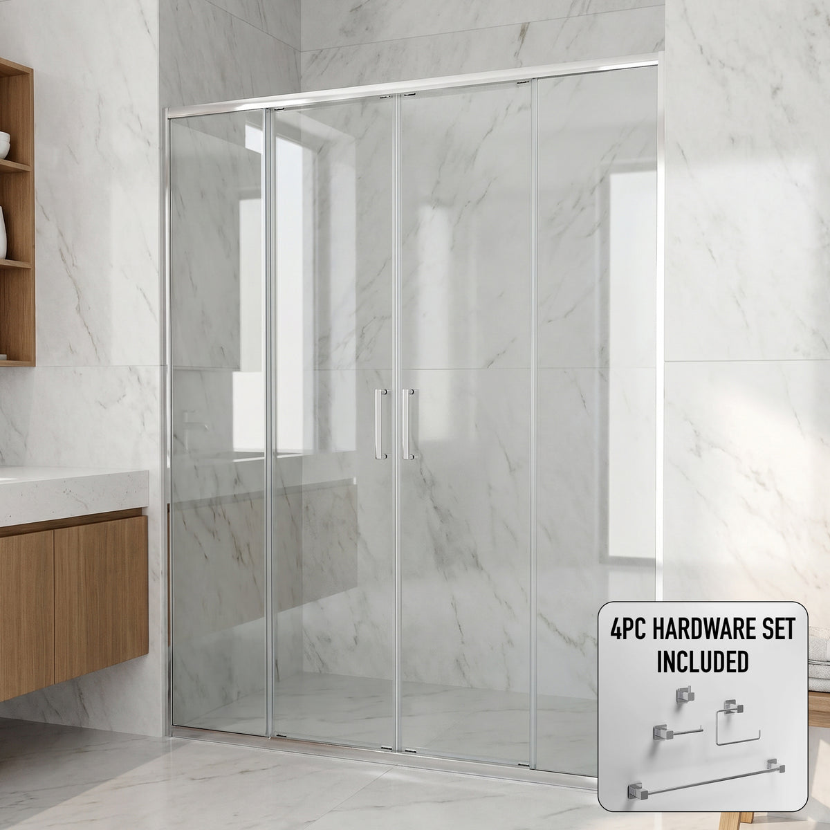 Paloma 56 to 60 in. W x 74 in. H Semi-Frameless Double-Sliding Shower Door and Meridian 4-Piece Bath Hardware Set in Chrome