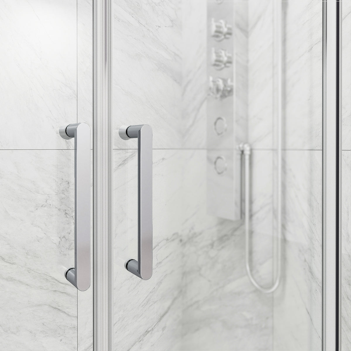 Paloma 56 to 60 in. W x 74 in. H Semi-Frameless Double-Sliding Shower Door and Meridian 4-Piece Bath Hardware Set in Chrome