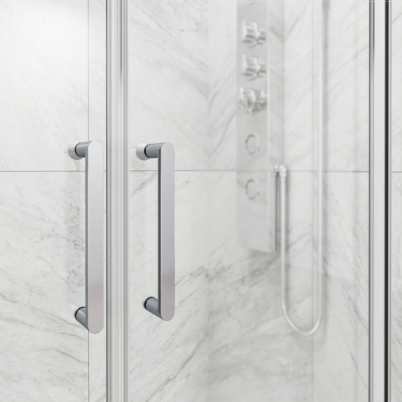 Paloma 56 to 60 in. W x 74 in. H Semi-Frameless Double-Sliding Shower Door and Meridian 4-Piece Bath Hardware Set in Chrome