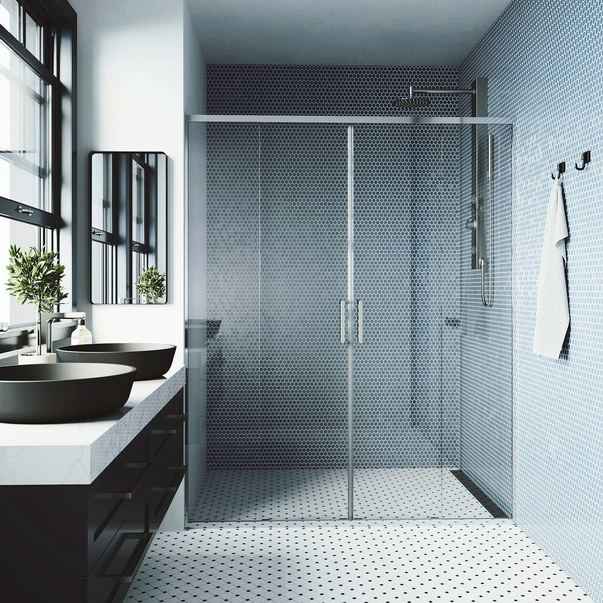 Paloma 56 to 60 in. W x 74 in. H Semi-Frameless Double-Sliding Shower Door and Meridian 4-Piece Bath Hardware Set in Chrome