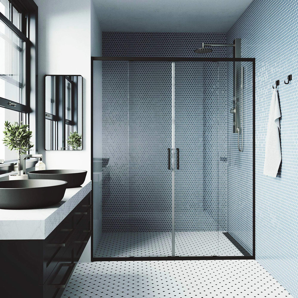 Paloma Center Opening Double Sliding Doors with Two Fixed Panels