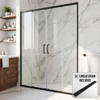 Paloma 56 to 60 in. W x 74 in. H Semi-Frameless Double-Sliding Shower Door and Elan 24 in. Linear Shower Drain in Matte Black