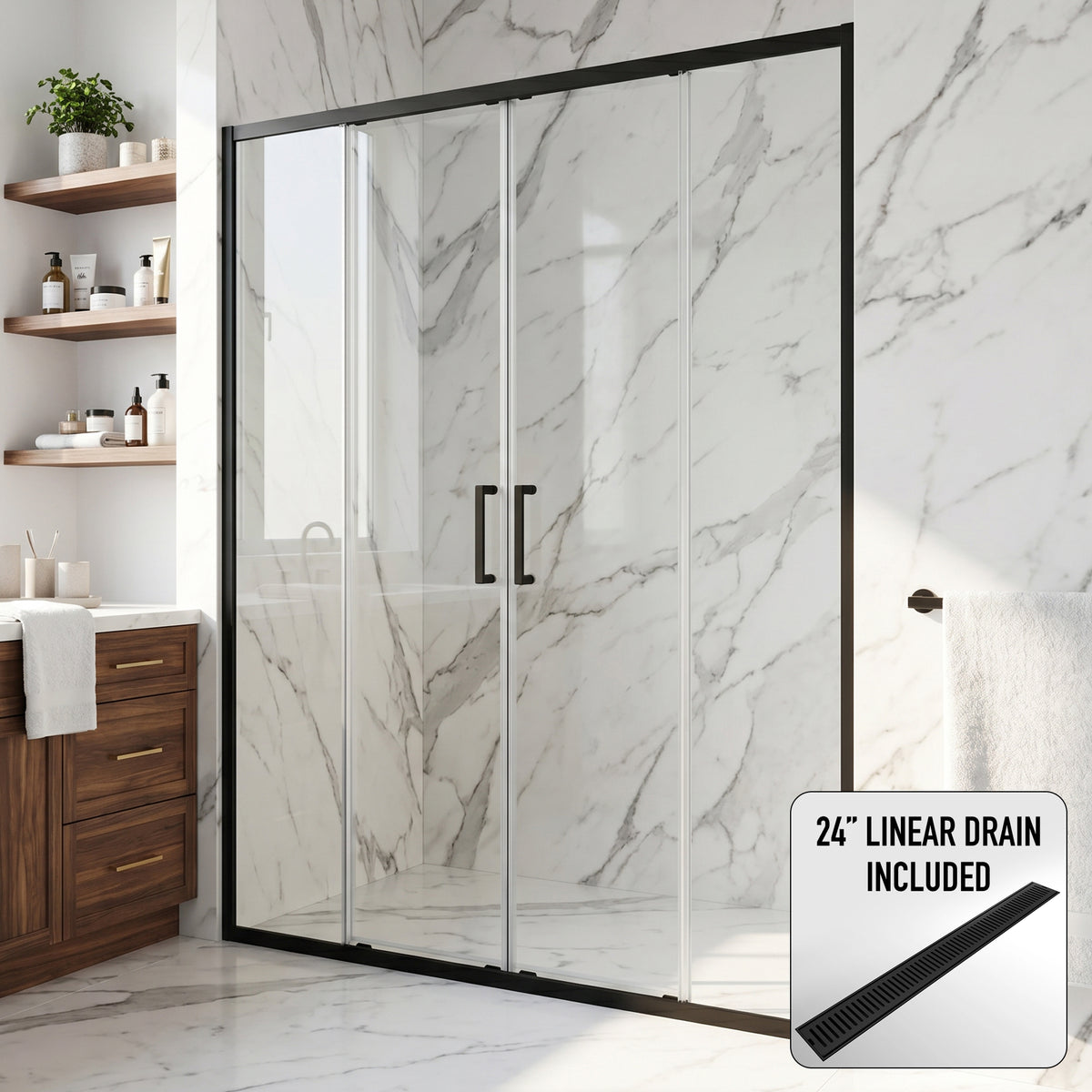 Paloma 56 to 60 in. W x 74 in. H Semi-Frameless Double-Sliding Shower Door and Elan 24 in. Linear Shower Drain in Matte Black