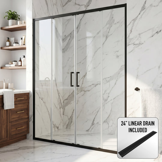 Paloma 56 to 60 in. W x 74 in. H Semi-Frameless Double-Sliding Shower Door and Elan 24 in. Linear Shower Drain in Matte Black