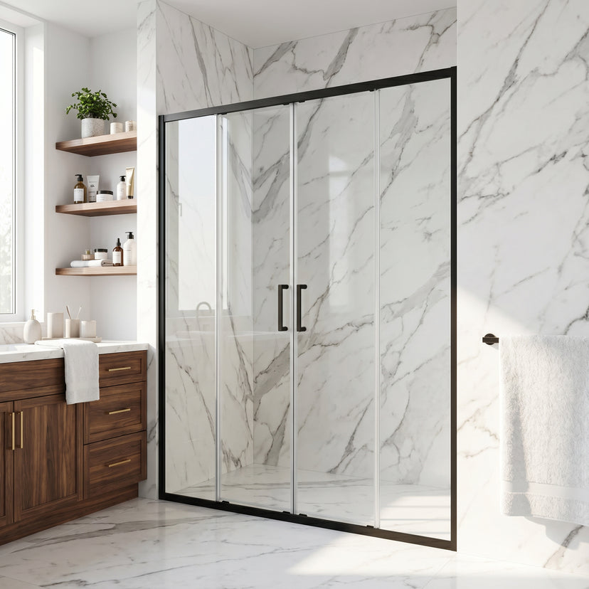 Paloma 56 to 60 in. W x 74 in. H Semi-Frameless Double-Sliding Shower Door and Elan 24 in. Linear Shower Drain in Matte Black