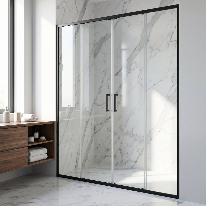 Paloma 56 to 60 in. W x 74 in. H Semi-Frameless Double-Sliding Shower Door and Elan 24 in. Linear Shower Drain in Matte Black