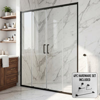 Paloma 56 to 60 in. W x 74 in. H Semi-Frameless Double-Sliding Shower Door and Meridian 4-Piece Bath Hardware Set in Matte Black