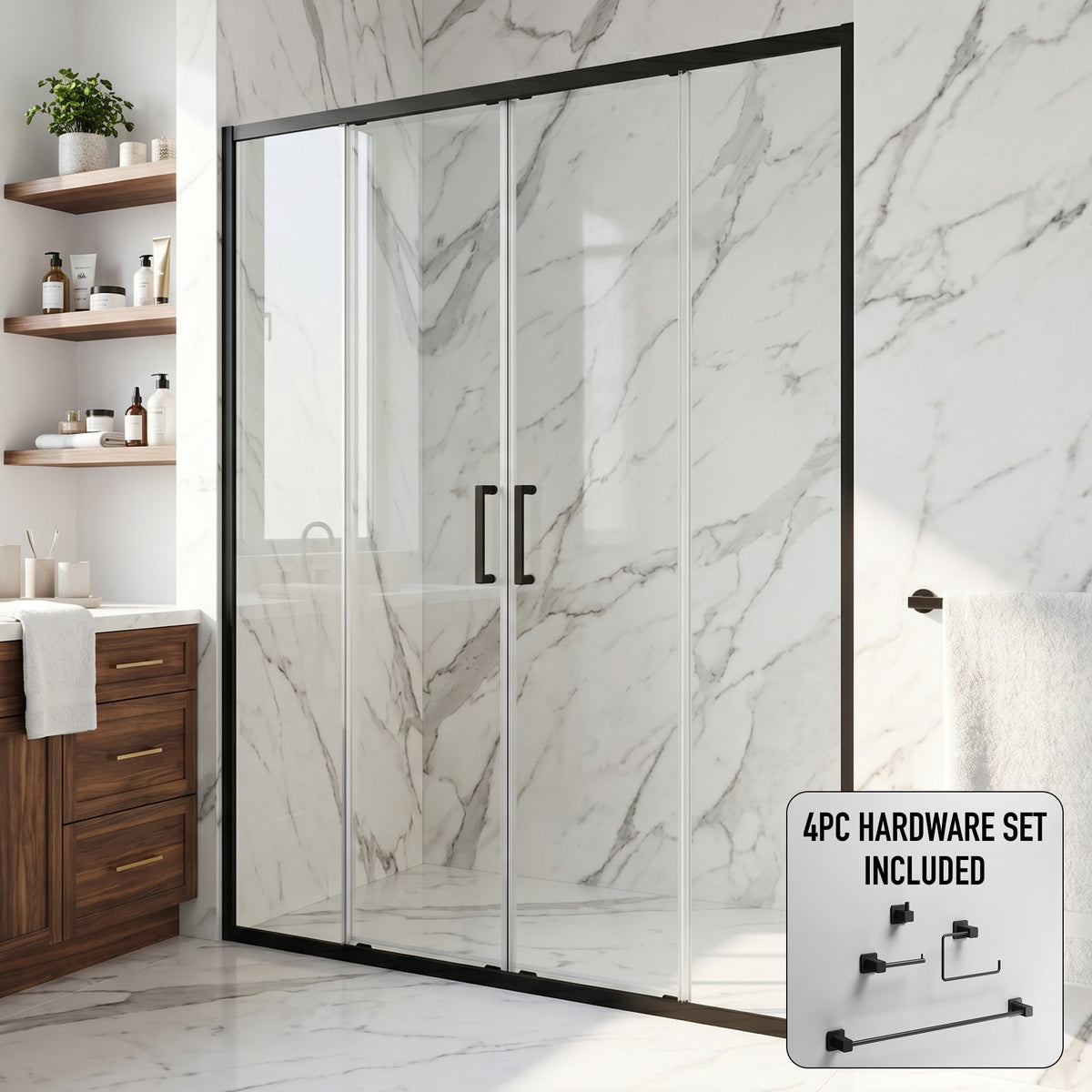 Paloma 56 to 60 in. W x 74 in. H Semi-Frameless Double-Sliding Shower Door and Meridian 4-Piece Bath Hardware Set in Matte Black