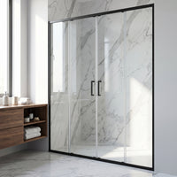 Paloma 56 to 60 in. W x 74 in. H Semi-Frameless Double-Sliding Shower Door and Meridian 4-Piece Bath Hardware Set in Matte Black