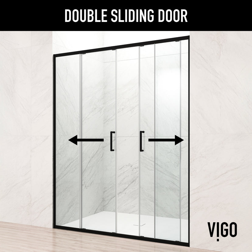 Paloma 56 to 60 in. W x 74 in. H Semi-Frameless Double-Sliding Shower Door and Meridian 4-Piece Bath Hardware Set in Matte Black