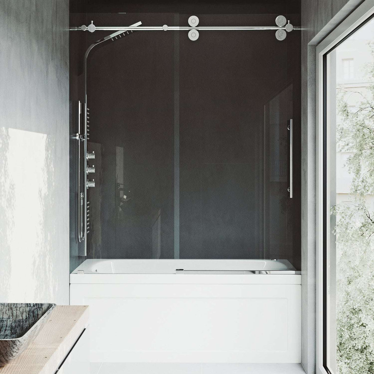 Chrome frameless sliding tub door with clear tempered glass and bar handle