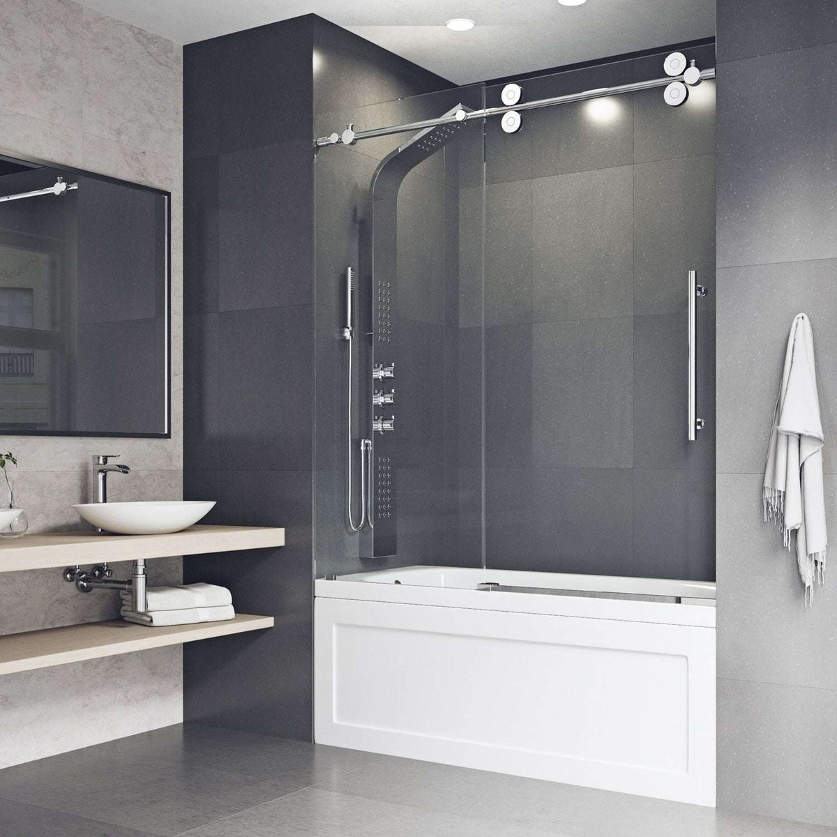 Frameless sliding tub door with reversible installation and clear tempered glass
