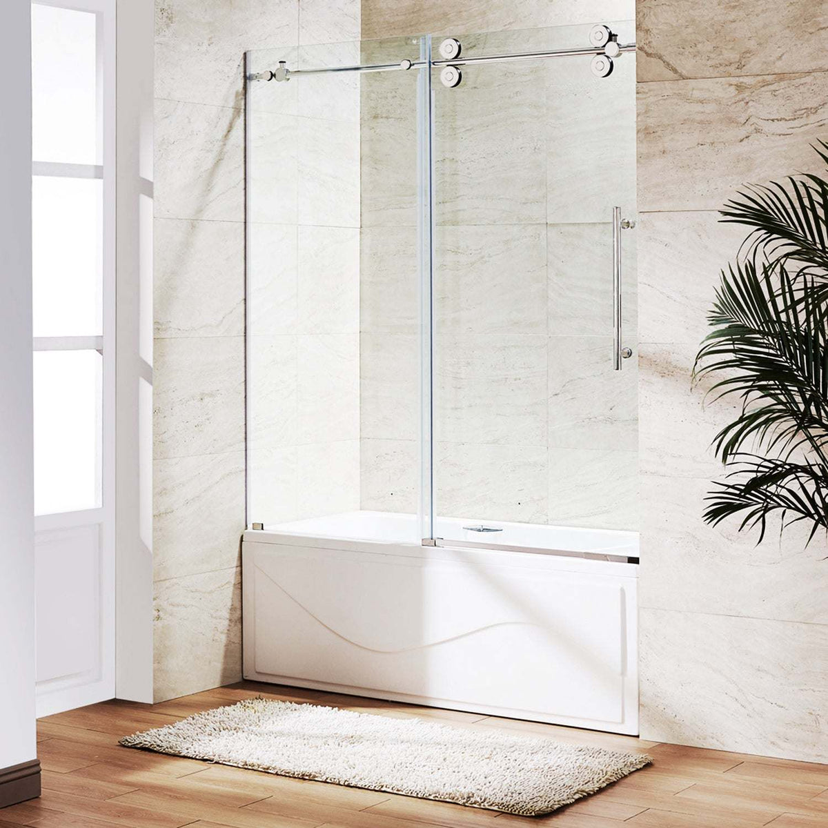 Chrome finish sliding shower door with bar handle and roller disk technology
