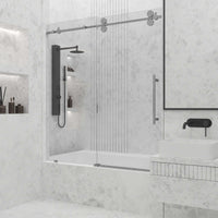 Contemporary sliding shower door with exposed rollers and cool touch design