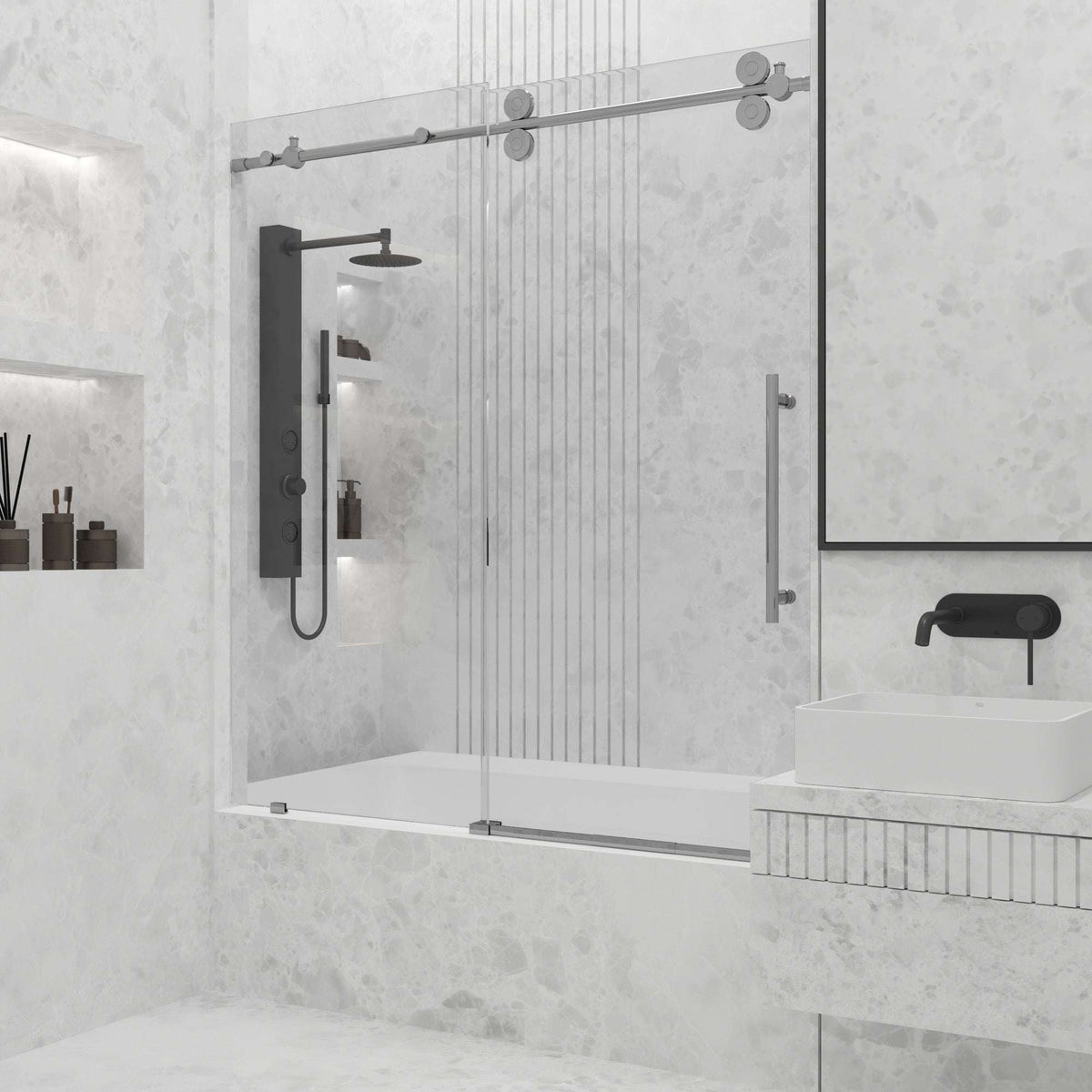 Contemporary sliding shower door with exposed rollers and cool touch design