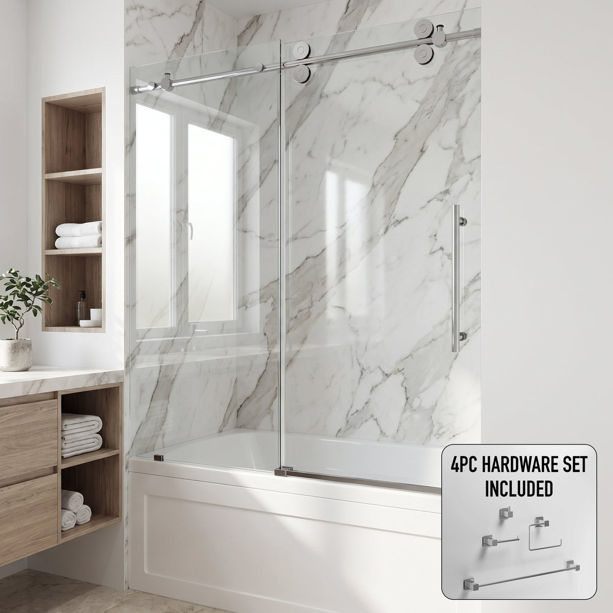 Elan 56-60 in. W x 66 in. H Frameless Sliding Tub Door in Chrome with 3/8 in. (10mm) Clear Glass and Meridian 4-Piece Bath Hardware Set