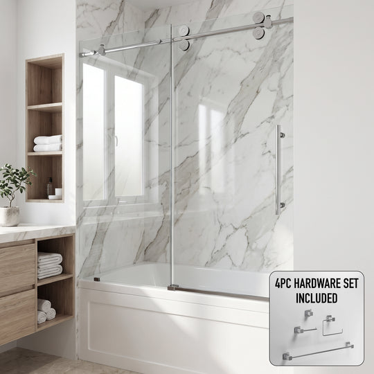Elan 56-60 in. W x 66 in. H Frameless Sliding Tub Door in Chrome with 3/8 in. (10mm) Clear Glass and Meridian 4-Piece Bath Hardware Set