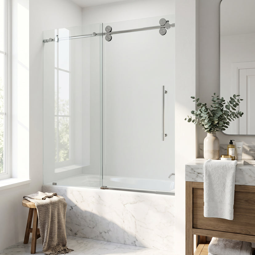 Elan 56-60 in. W x 66 in. H Frameless Sliding Tub Door in Chrome with 3/8 in. (10mm) Clear Glass and Meridian 4-Piece Bath Hardware Set
