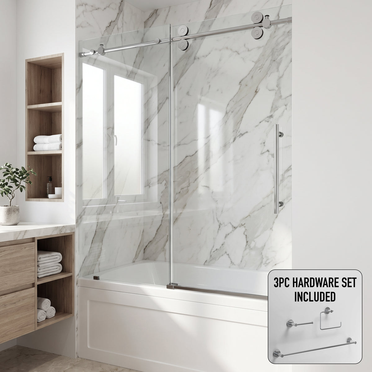 Elan 56-60 in. W x 66 in. H Frameless Sliding Tub Door in Chrome with 3/8 in. (10mm) Clear Glass and Cass 3-Piece Bath Hardware Set