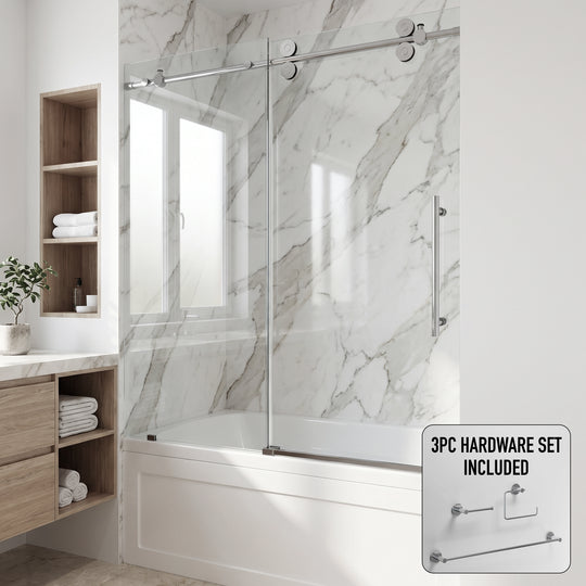 Elan 56-60 in. W x 66 in. H Frameless Sliding Tub Door in Chrome with 3/8 in. (10mm) Clear Glass and Cass 3-Piece Bath Hardware Set