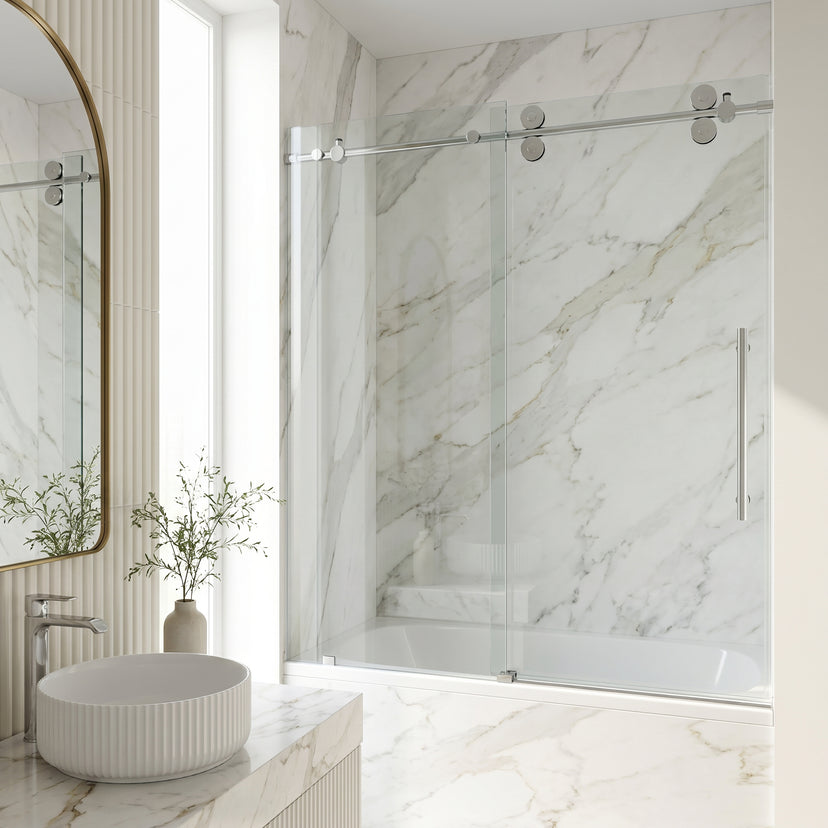 Elan 56-60 in. W x 66 in. H Frameless Sliding Tub Door in Chrome with 3/8 in. (10mm) Clear Glass and Cass 3-Piece Bath Hardware Set