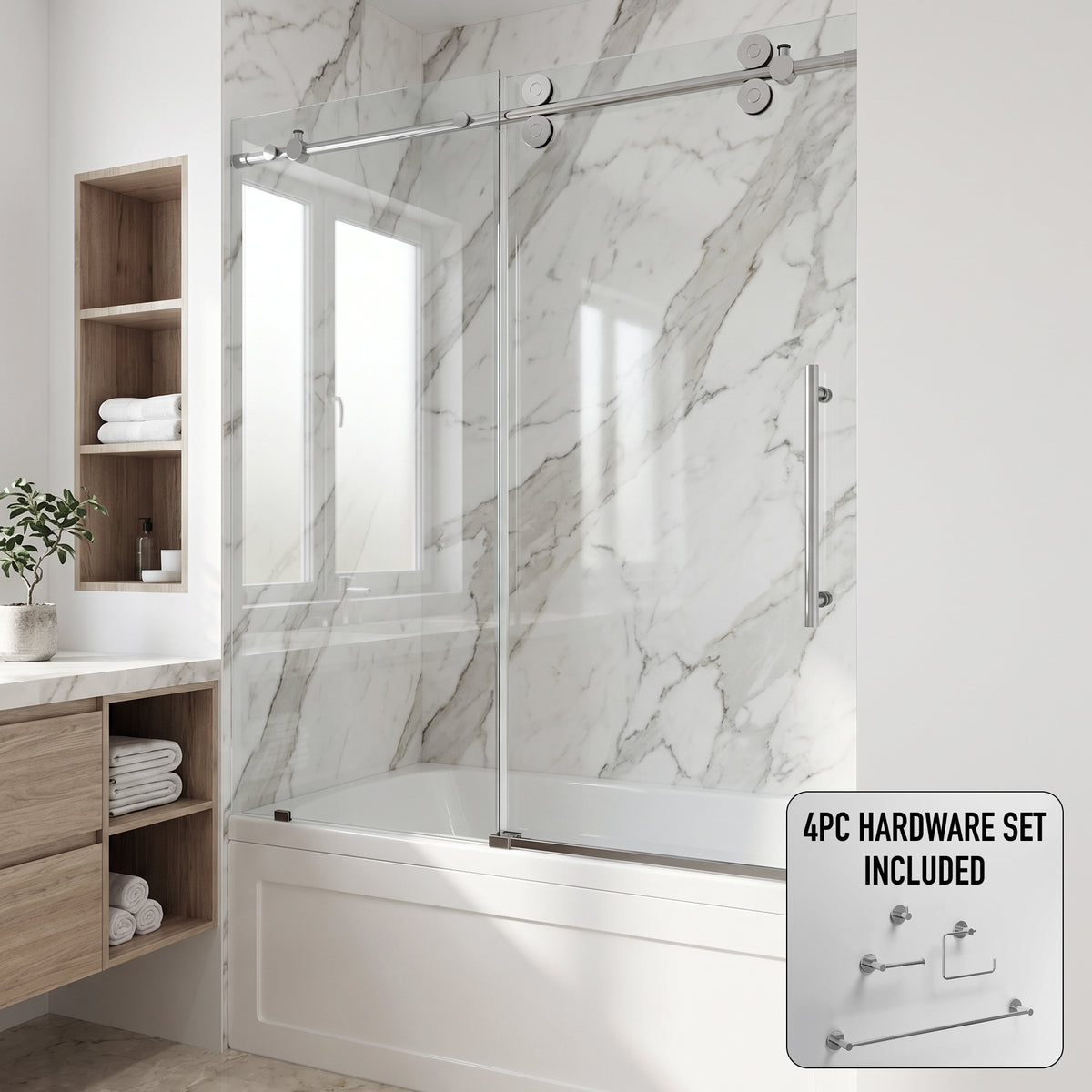 Elan 56-60 in. W x 66 in. H Frameless Sliding Tub Door in Chrome with 3/8 in. (10mm) Clear Glass and Cass 4-Piece Bath Hardware Set