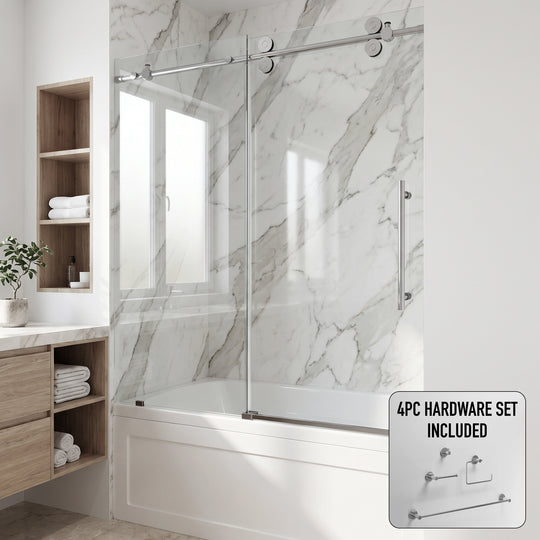 Elan 56-60 in. W x 66 in. H Frameless Sliding Tub Door in Chrome with 3/8 in. (10mm) Clear Glass and Cass 4-Piece Bath Hardware Set