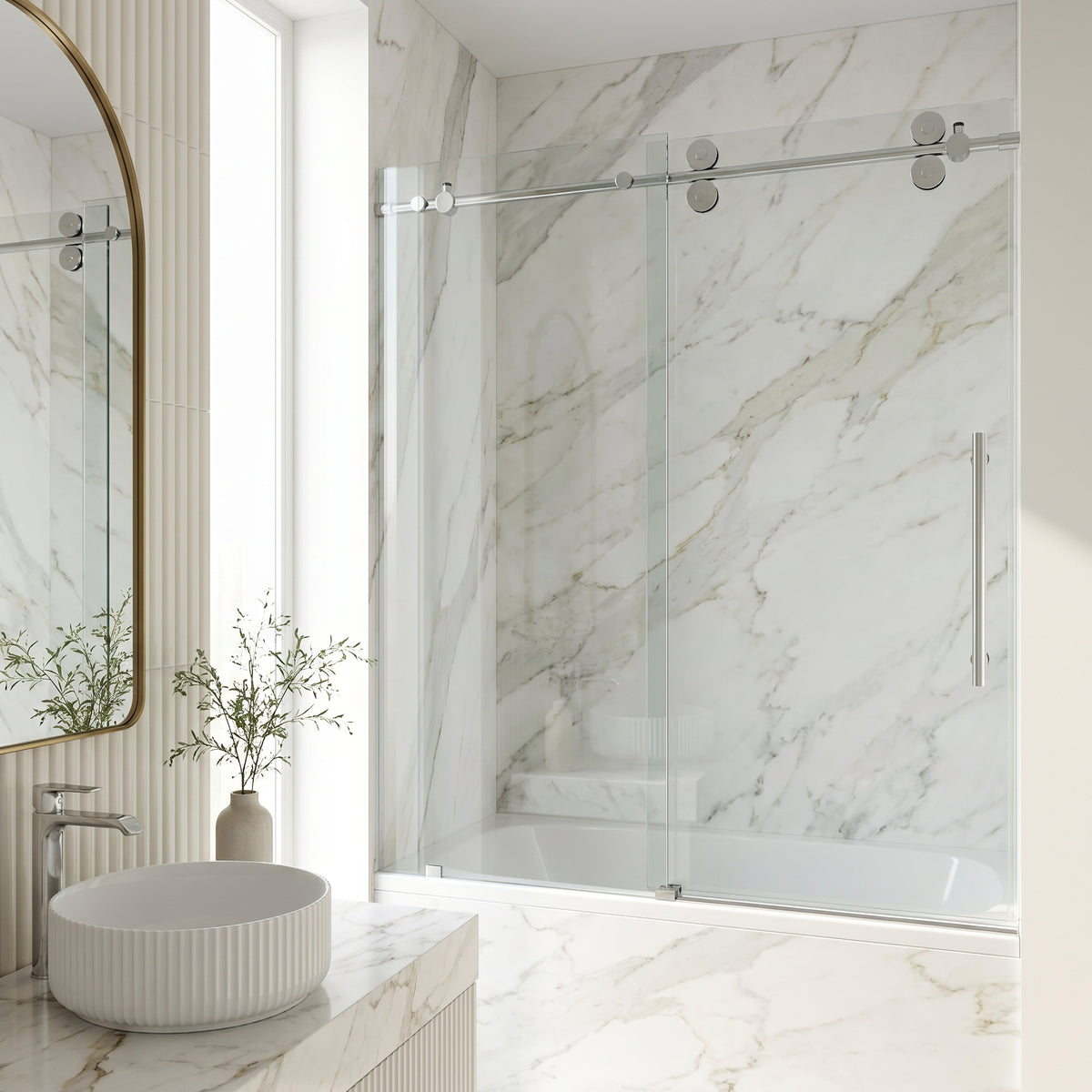 Elan 56-60 in. W x 66 in. H Frameless Sliding Tub Door in Chrome with 3/8 in. (10mm) Clear Glass and Arden 3-Piece Bath Hardware Set