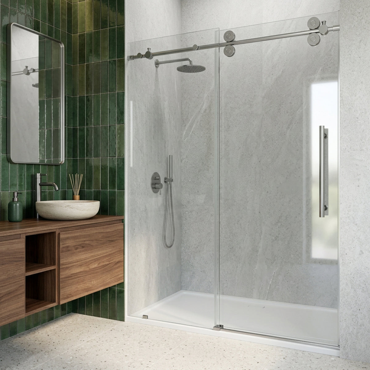 Elan 56 to 60 in. W X 74 in. H Frameless Sliding Shower Door 3/8" Clear Glass in Chrome with Elan 4 in. Square Shower Drain in Chrome