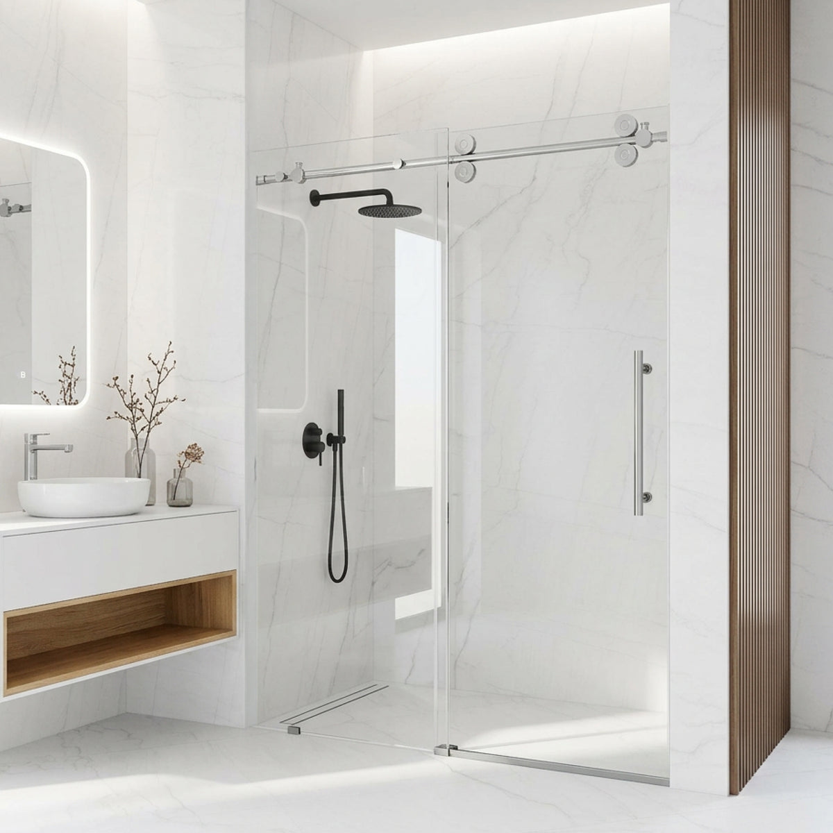 Elan 56 to 60 in. W X 74 in. H Frameless Sliding Shower Door 3/8" Clear Glass in Chrome with Elan 4 in. Square Shower Drain in Chrome