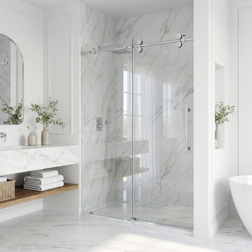 Elan 56 to 60 in. W X 74 in. H Frameless Sliding Shower Door 3/8" Clear Glass in Chrome with Elan 4 in. Square Shower Drain in Chrome