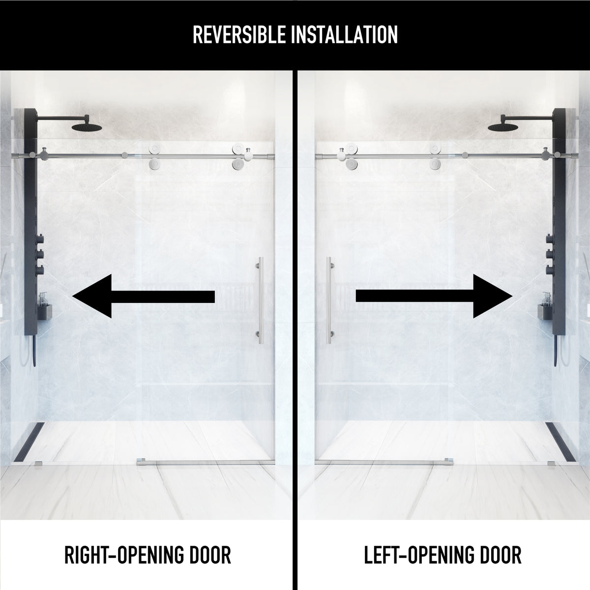 Elan 56 to 60 in. W X 74 in. H Frameless Sliding Shower Door 3/8" Clear Glass in Chrome with Elan 4 in. Square Shower Drain in Chrome