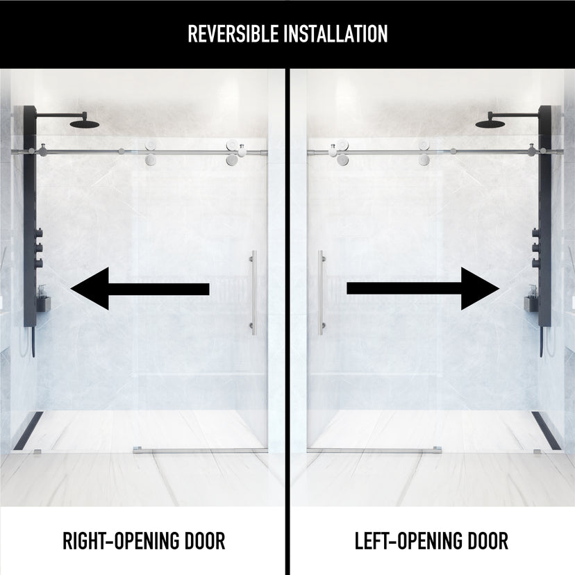 Elan 56 to 60 in. W X 74 in. H Frameless Sliding Shower Door 3/8" Clear Glass in Chrome with Elan 4 in. Square Shower Drain in Chrome