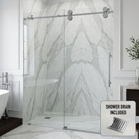 Elan 56 to 60 in. W X 74 in. H Frameless Sliding Shower Door 3/8" Clear Glass in Chrome with Elan 4 in. Square Shower Drain in Chrome