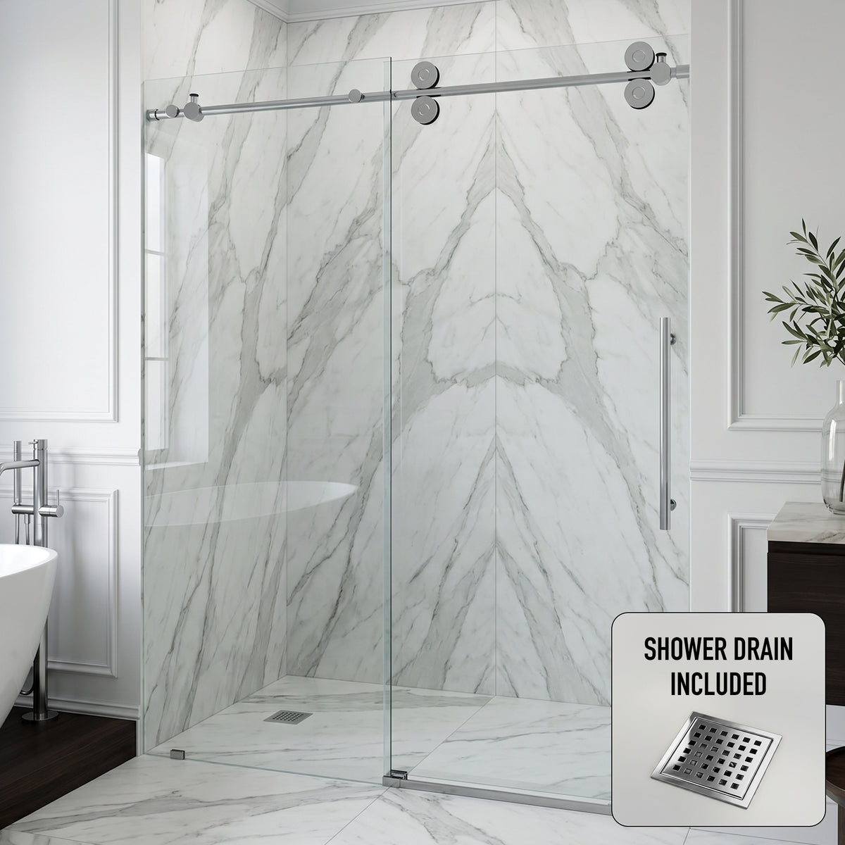 Elan 56 to 60 in. W X 74 in. H Frameless Sliding Shower Door 3/8" Clear Glass in Chrome with Elan 4 in. Square Shower Drain in Chrome